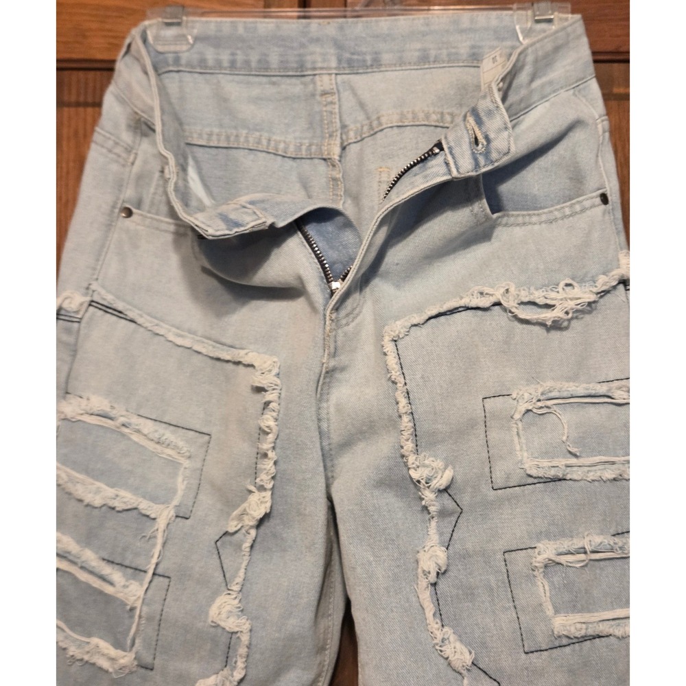 Distressed Jeans Women Size 30 Light Blue Frayed Patchwork Streetwear Festival